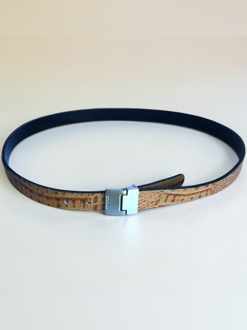 Vintage Leather Belt Embossed Croc Texture Brushed Silver Buckle Tan Cognac 1"